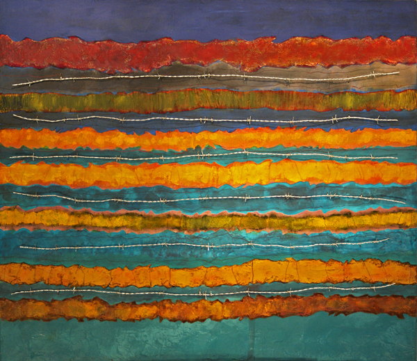 mixed media on canvas, 42 x 48" (acrylics, fabric, barbed wire)